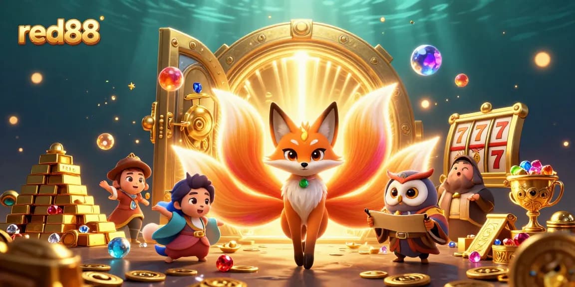 Spinning slot reels with the glowing nine-tailed fox at red88's vibrant casino scene, showcasing dynamic treasures.