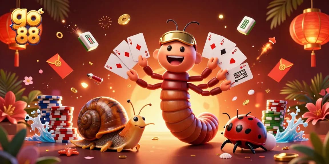 Experience the excitement of go 88 with a vibrant 3D casino scene featuring a millipede dealer and a snail high-roller.