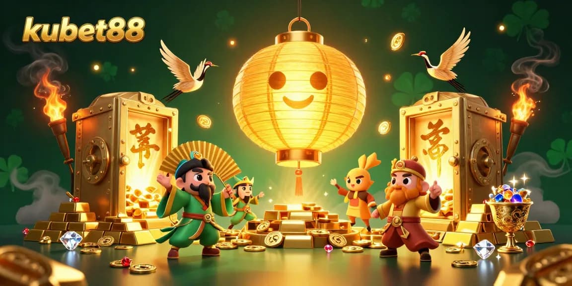 Experience the thrill of kubet88 with a vibrant 3D illustration of a golden lantern in a bustling casino.