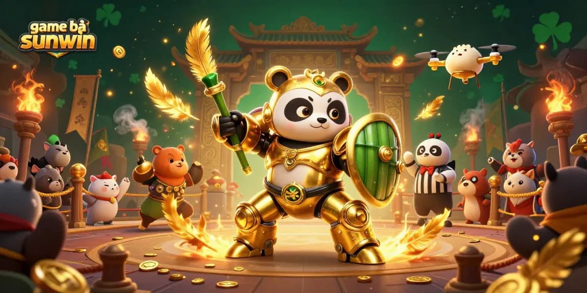 Experience the thrill of game bài sunwin with a mech-suit panda battling in a lively casino arena.