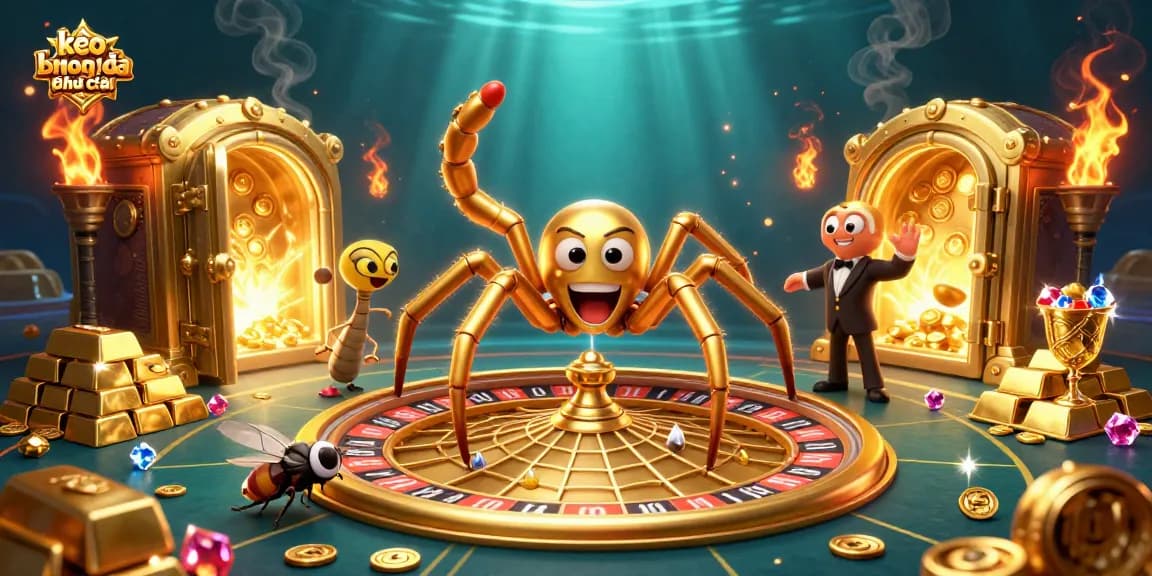 Engage with kèo bóng đá nhà cái illustrated through a golden spider spinning roulette web and vibrant gems.