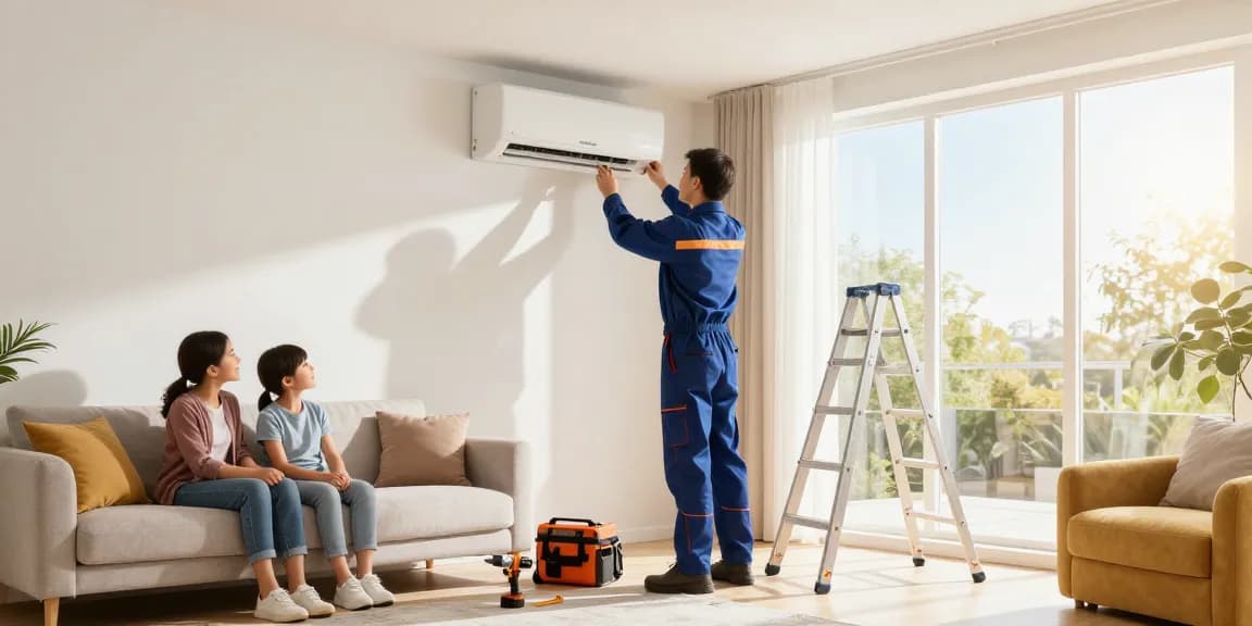 AC installation experts installing a new unit in a modern living room, ensuring comfort for the family.
