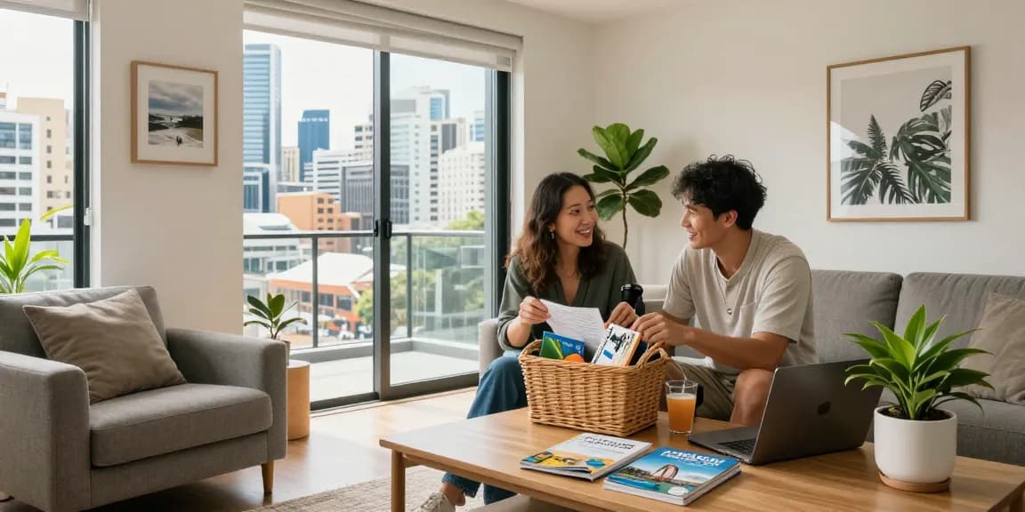 Couple enjoying a stylish Airbnb managed by Houst Sydney, discussing local plans in a bright and inviting living room.