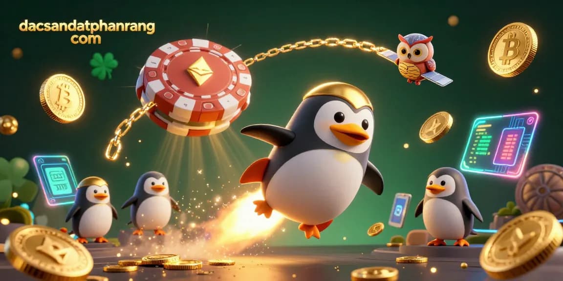 Dive into excitement with dacsandatphanrang com as the golden penguin zooms towards a casino chip in a vibrant 3D space scene.