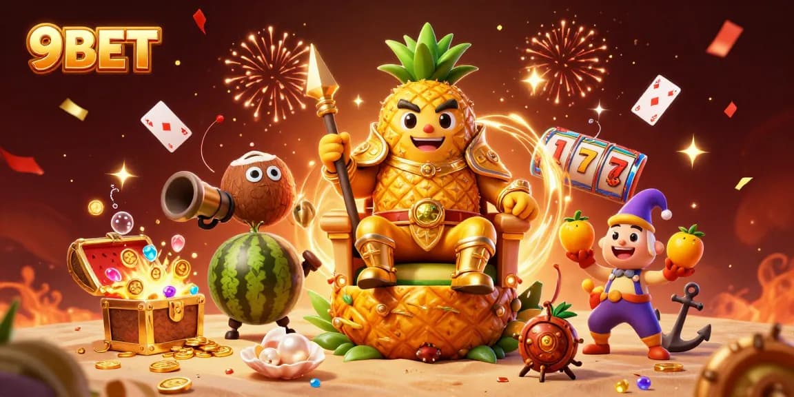 Experience thrilling adventures with 9BET in an exciting beach casino illustration featuring a golden pineapple king and vibrant characters.