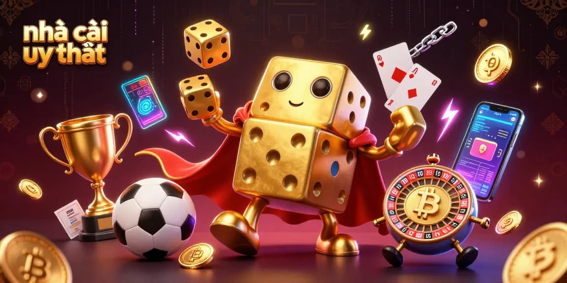 Engage with nhà cái uy tín through a vibrant 3D scene of a golden dice golem juggling and interacting with sports betting elements.