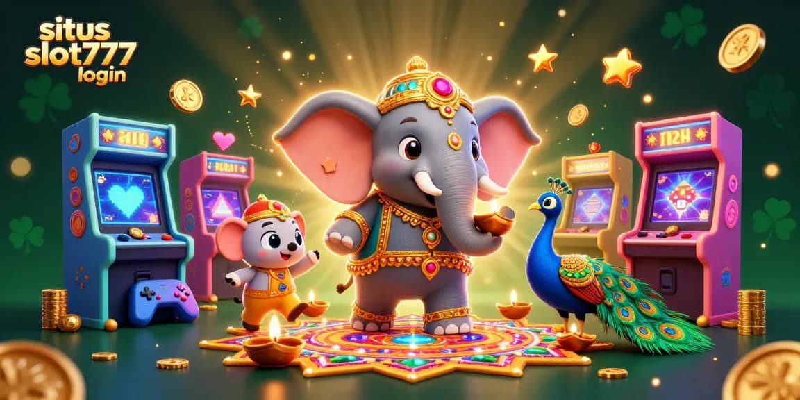Experience excitement at situs slot777 login with vibrant casino-themed illustration including an enchanting elephant and peacock.