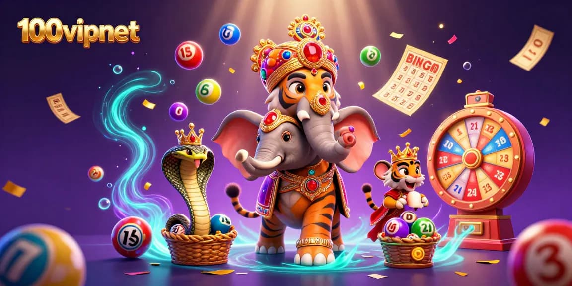Engage with 100vipnet's vibrant lottery scene featuring a glamorous elephant and colorful elements.