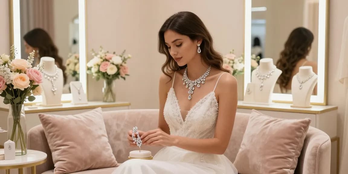 Bridal jewellery set showcased in luxury boutique with model trying on elegant necklace and earrings.
