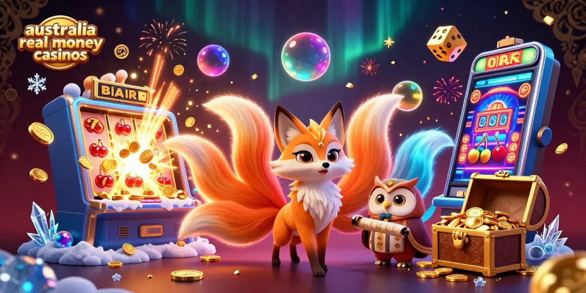 Experience excitement with australia real money casinos in a vibrant 3D scene of gaming fun.