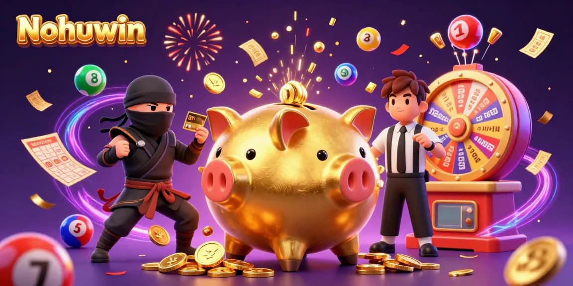 Nohuwin themed illustration showcasing a vibrant casino scene with dynamic game elements and lively characters.