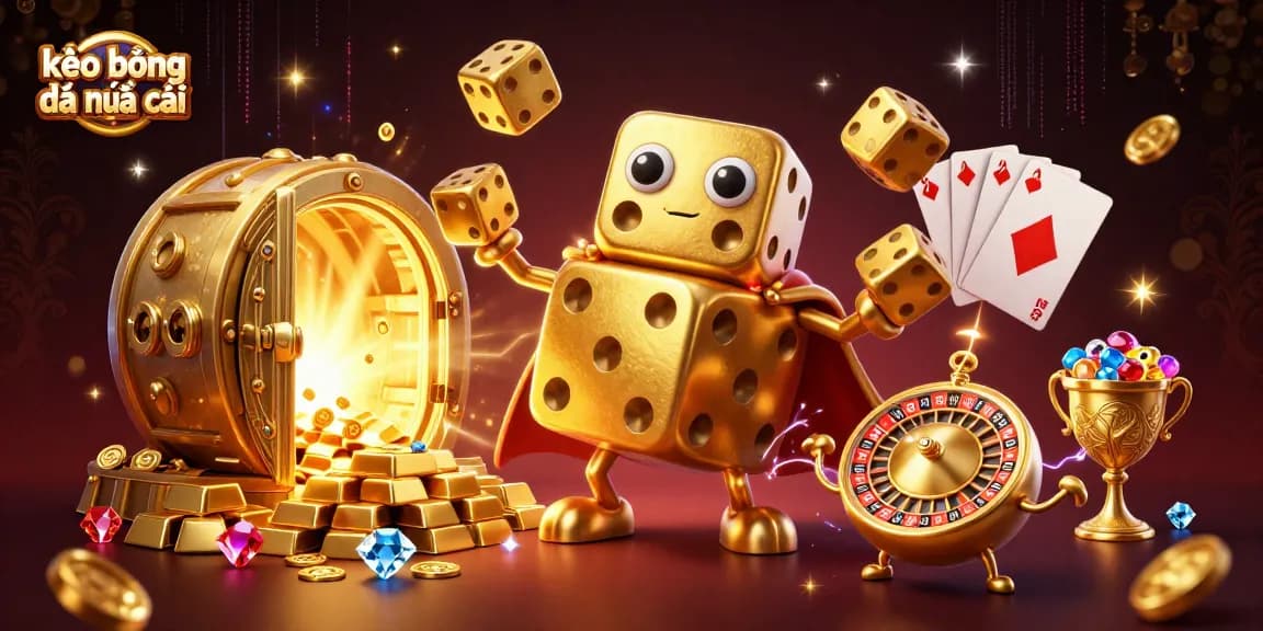 Experience kèo bóng đá nhà cái with dynamic characters and rich gambling elements in this vibrant illustration.