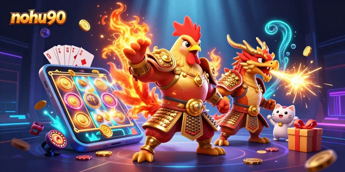 Engage in thrilling slots action at nohu90 with a vibrant 3D digital scene featuring animated characters and casino elements.