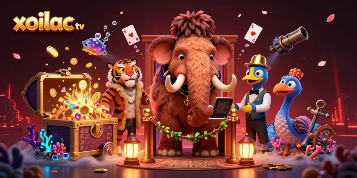 Xoilac TV showcases an engaging casino scene with a woolly mammoth bouncer and vibrant gambling elements.