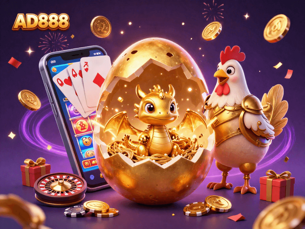 Experience the excitement of AD888 with a vibrant golden dragon and casino games in a dazzling scene.