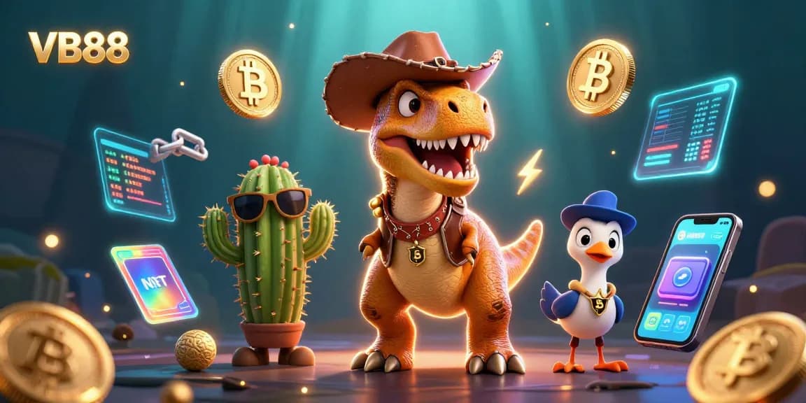 VB88 casino illustration showcasing a cowboy dinosaur and friends with crypto elements.