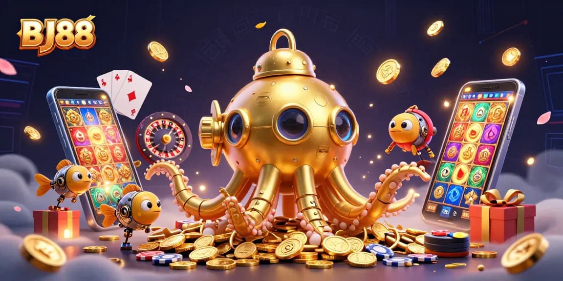 BJ88 captivates players with a stunning kraken submarine and colorful slot game features.