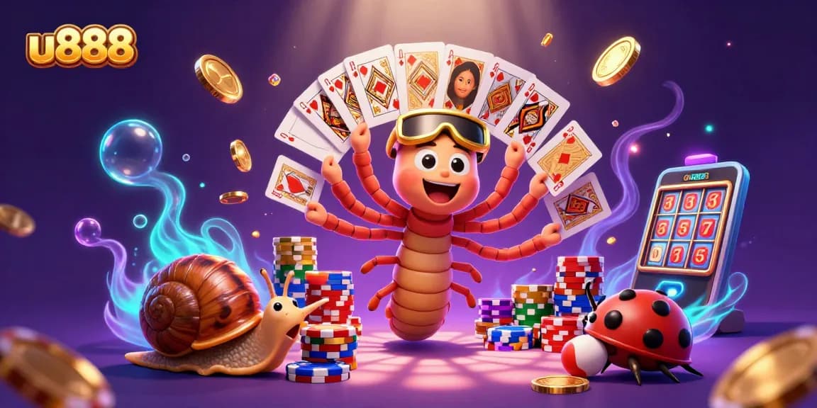 Win big with u888 in this vibrant 3D casino scene featuring dazzling games and animated characters