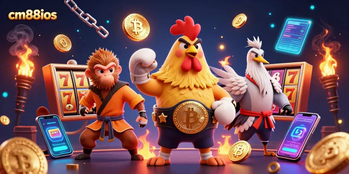 Engage with cm88ios through a vibrant 3D scene showcasing a Muay Thai rooster and crypto elements.