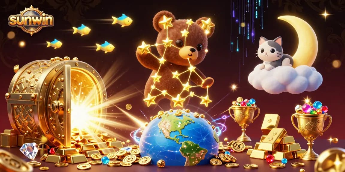 Join the fun at sunwin as the golden constellation bear dives for treasures in a vibrant casino universe
