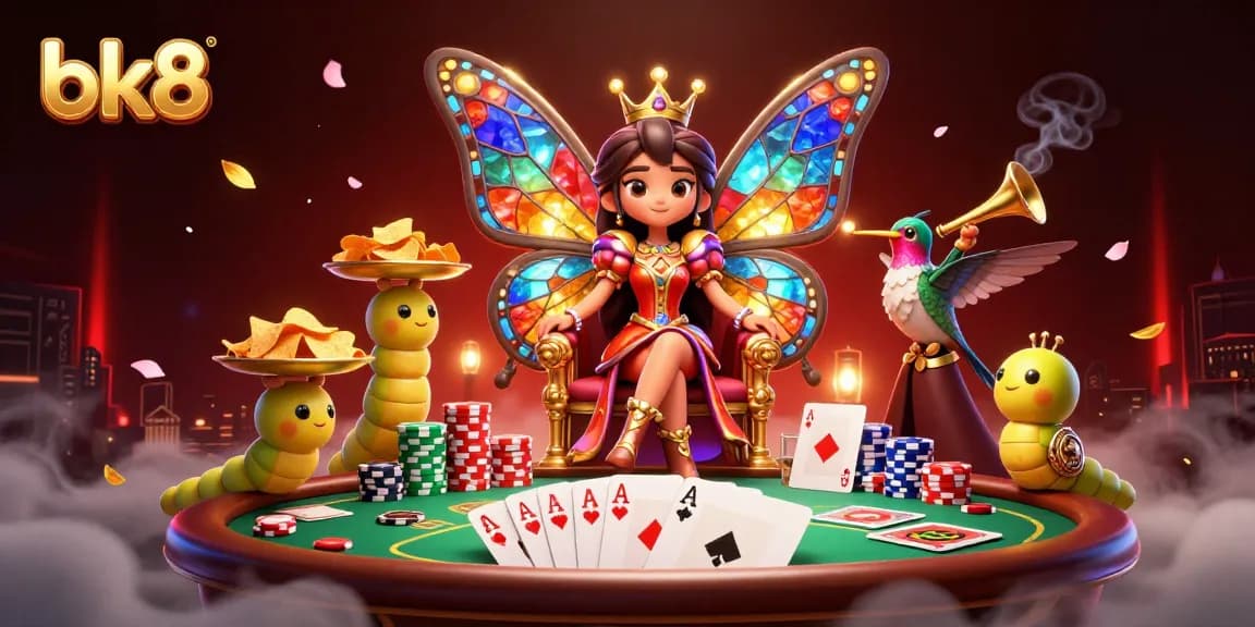 Immerse yourself in bk8's vibrant casino adventure featuring a butterfly queen and poker elements.