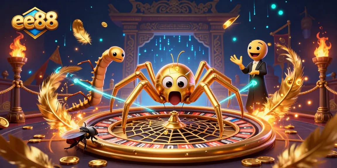 Engage with ee88's casino experience as a fly nervously bets beside a golden spider spinning a roulette wheel.