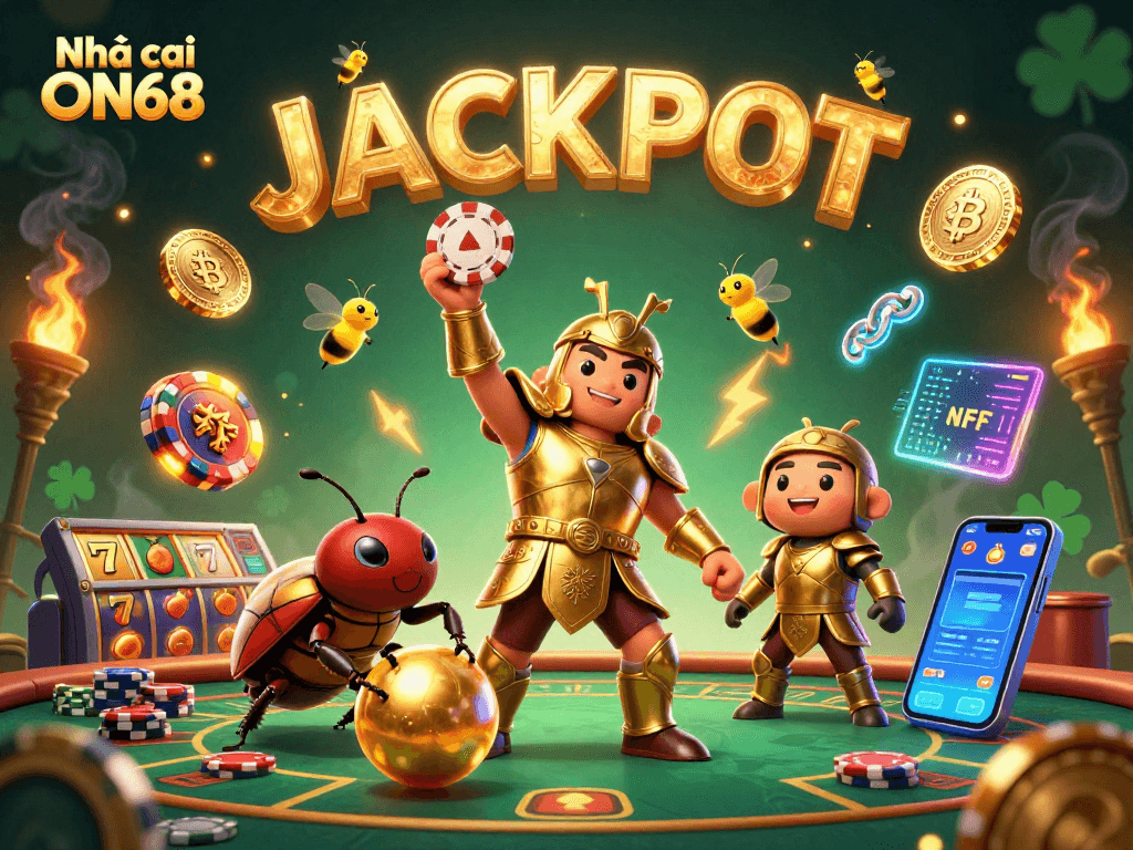 Experience the excitement of Nhà cái ON68 with this vibrant, action-packed casino illustration.