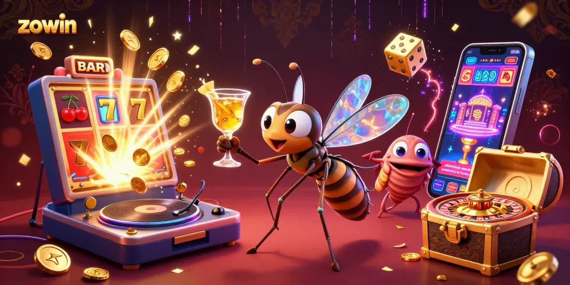 Zowin's vibrant casino experience with a detailed 3D illustration of unique gambling elements and characters.