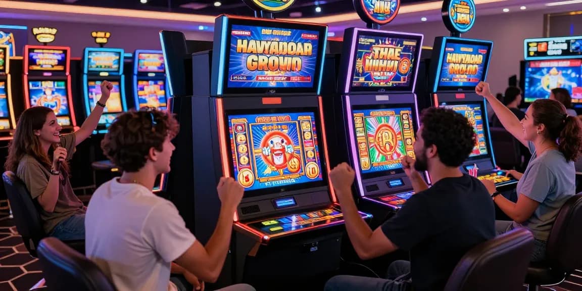 Exciting gaming atmosphere showcasing players enjoying situs slot deposit 10 ribu with vibrant slot machines and joyful camaraderie.