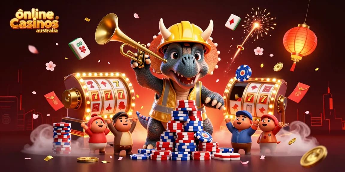 Celebrate with a lively illustration representing online casinos Australia featuring dynamic 3D casino elements.