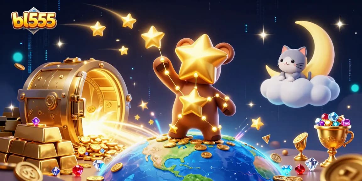 Experience thrilling gameplay at bl555, where golden stars and treasures scatter in a magical casino scene.
