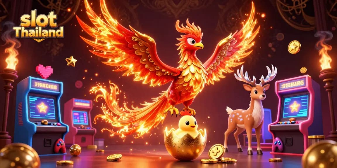 Mainkan slot Thailand dengan si phoenix berapi dan mesin arcade yang berkilauan.
