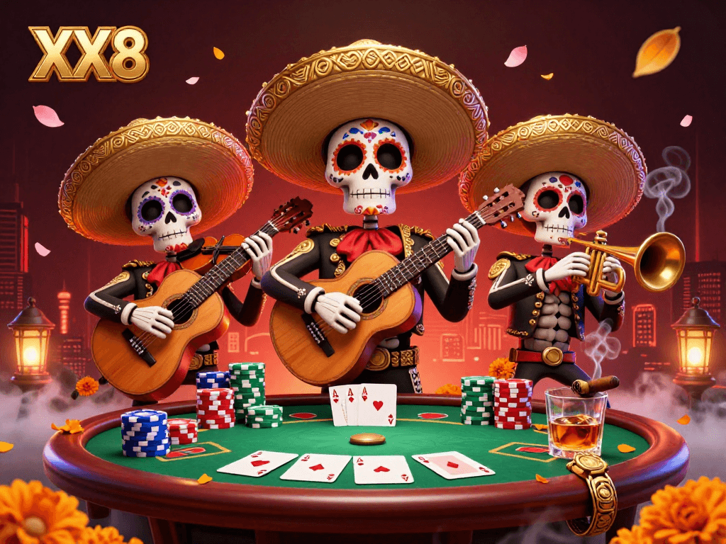 Experience the vibrant action at XX8 with a colorful skeleton mariachi band around a poker table.