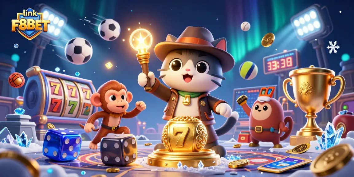 Engage with link F8BET in an exciting casino adventure with dynamic illustrations of gambling elements.