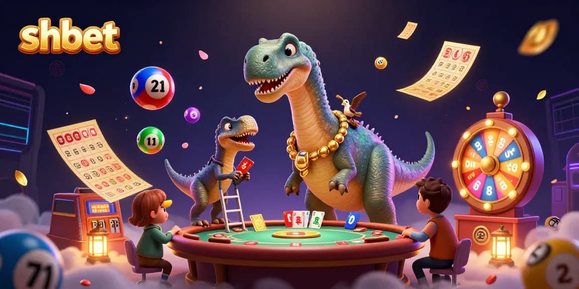 Engage with shbet exciting games as a giant brontosaurus oversees a lively poker scene.