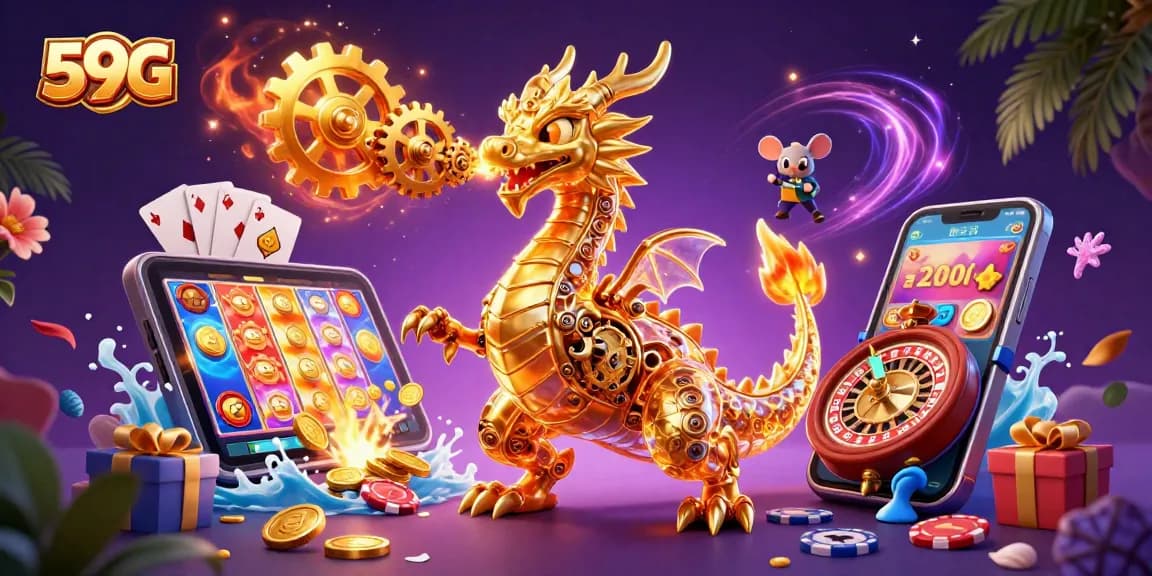 Engage with 59G's vibrant gaming scene featuring a golden biomechanical dragon and rich casino elements.
