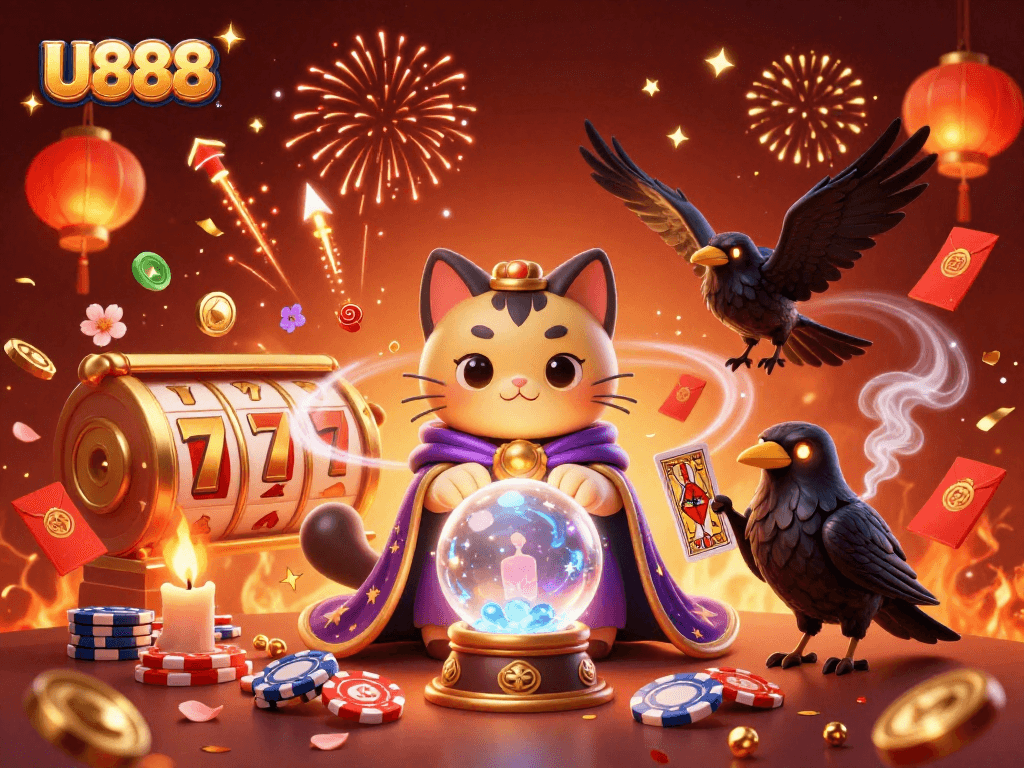 Engage in thrilling wins at U888 with dynamic slots and mystic characters in a vibrant scene.