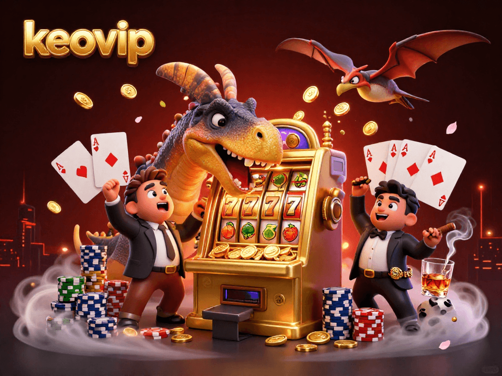 keovip casino scene showcasing a pachycephalosaurus interacting with a slot machine, capturing coins and excitement