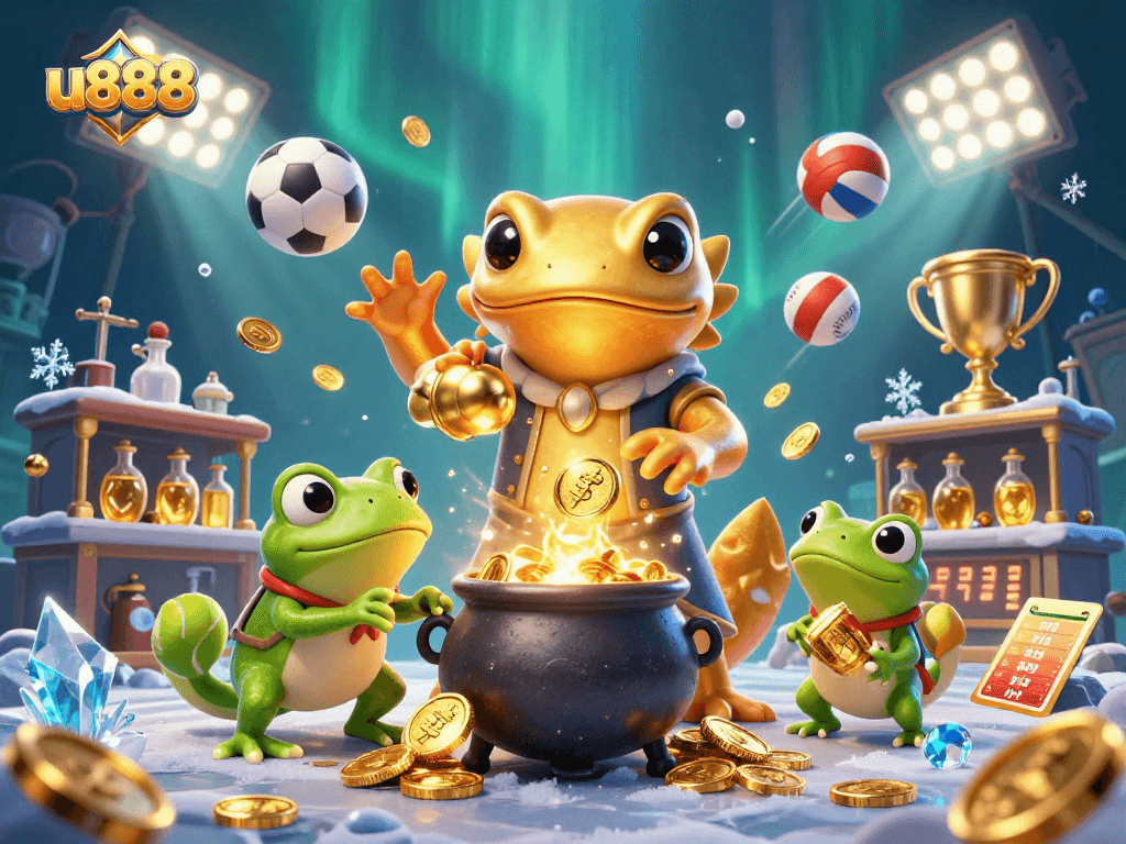 Engage with u888's thrilling gaming experience through a vibrant 3D illustration showcasing a golden alchemist and sports elements.