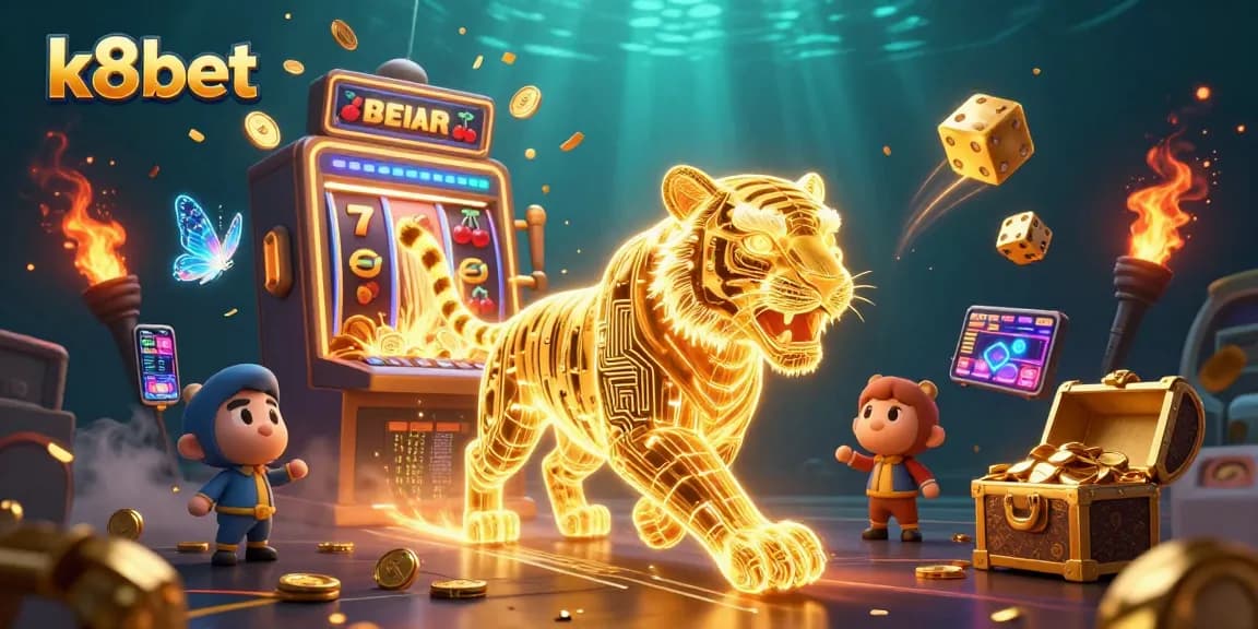 Experience the excitement of k8bet in a vibrant 3D casino scene featuring golden tiger and jackpot symbols.