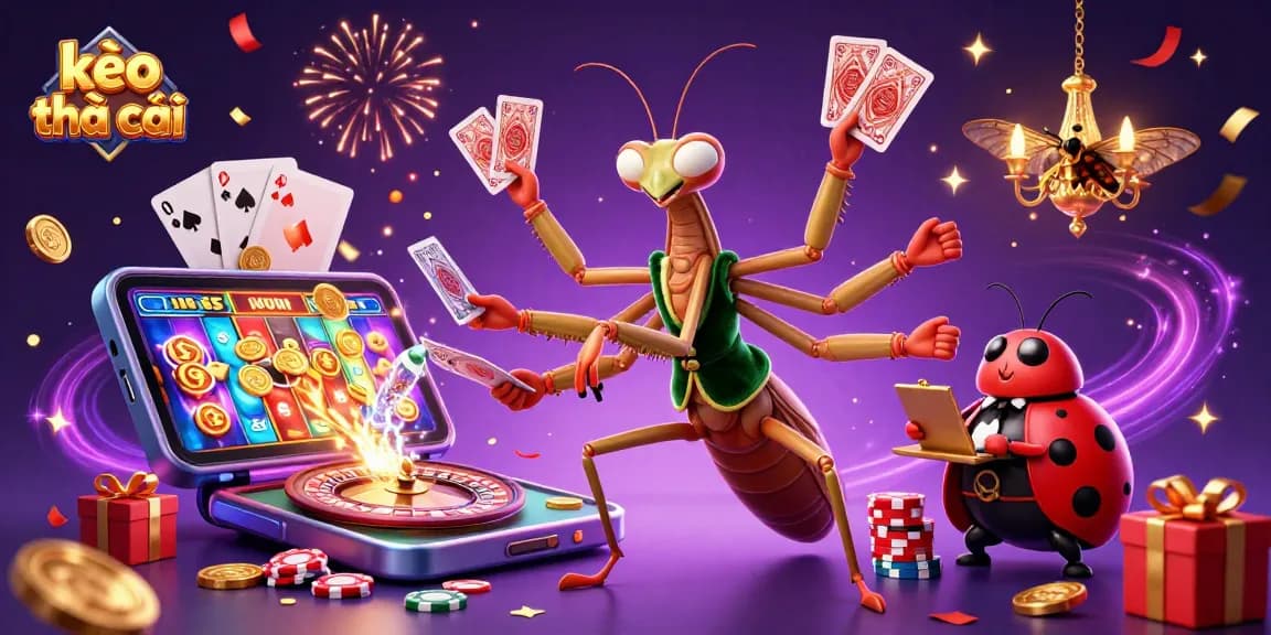 Bet on kèo nhà cái with a giant praying mantis dealer and lively casino scene.