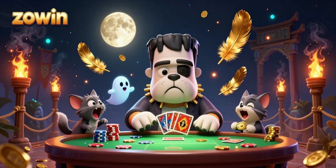 Zowin offers a thrilling casino experience with monsters dealing cards and golden elements lighting up the scene.