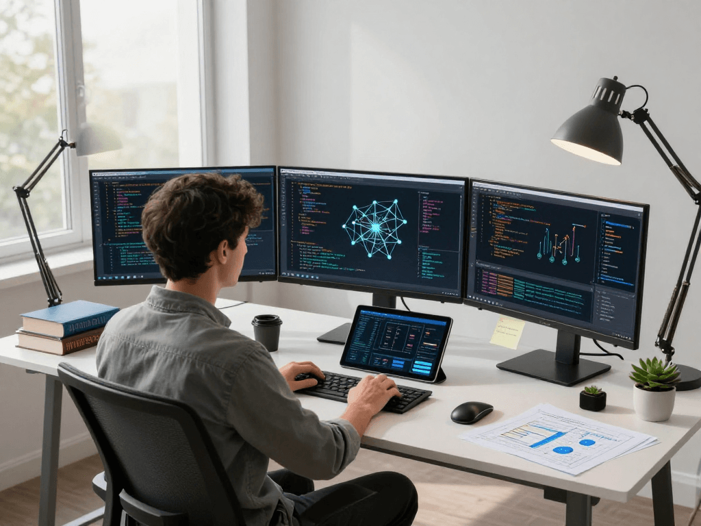 Dynamic workspace with nsfw ai development setup featuring multiple monitors and productivity tools.