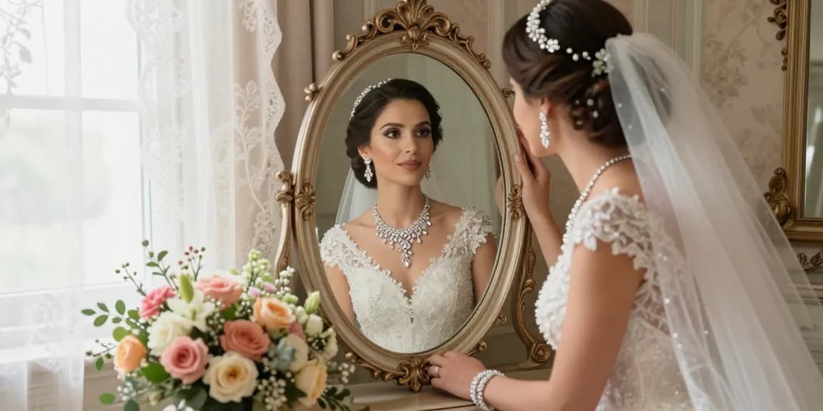 Bridal jewellery set featured on a bride in an elegant suite, surrounded by floral decor.