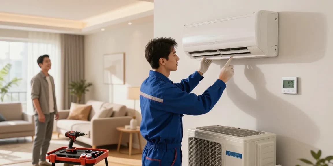 AC installation experts at work in a bright living room, ensuring optimal home comfort.