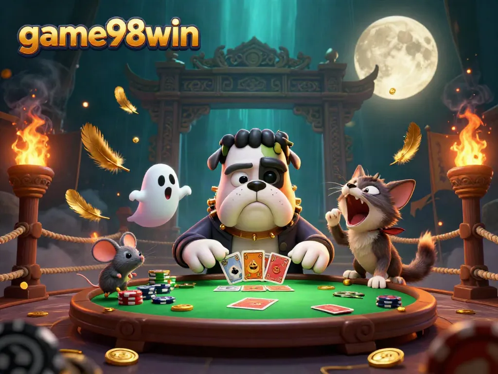 Join the action at game98win with a playful 3D scene of a bulldog dealer amidst casino fun.