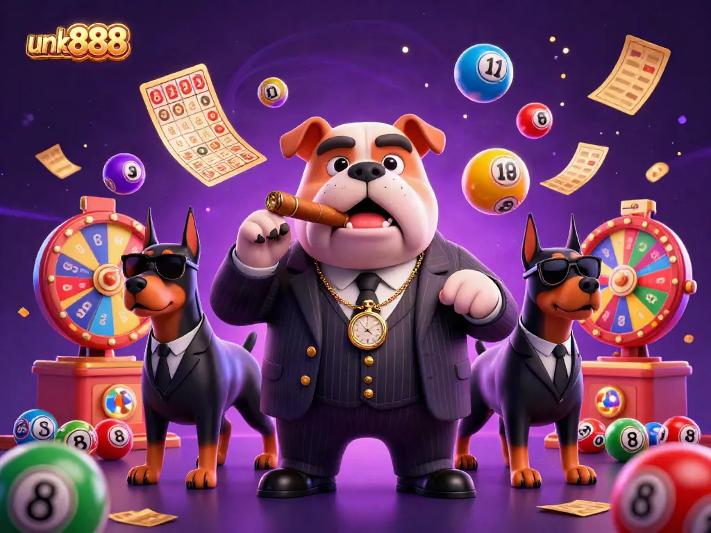 Experience the excitement of gaming action with the dynamic scene featuring unk888's colorful lottery elements and characters.