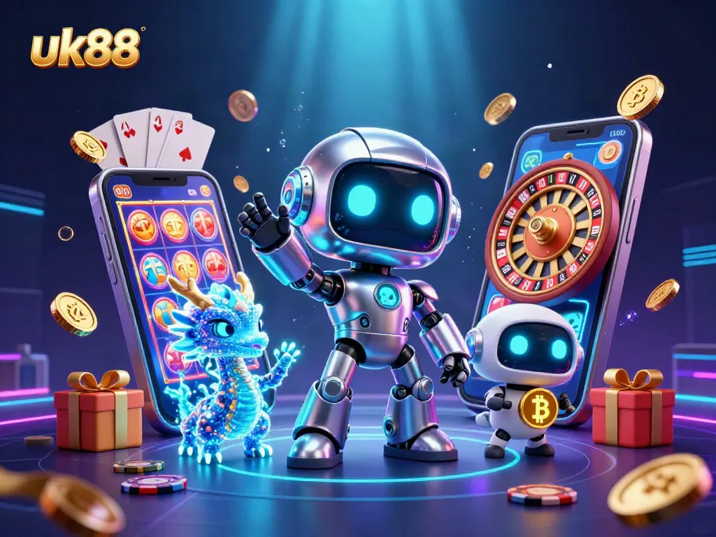 Engage with exciting slot games on uk88 while exploring a vibrant 3D casino illustration.