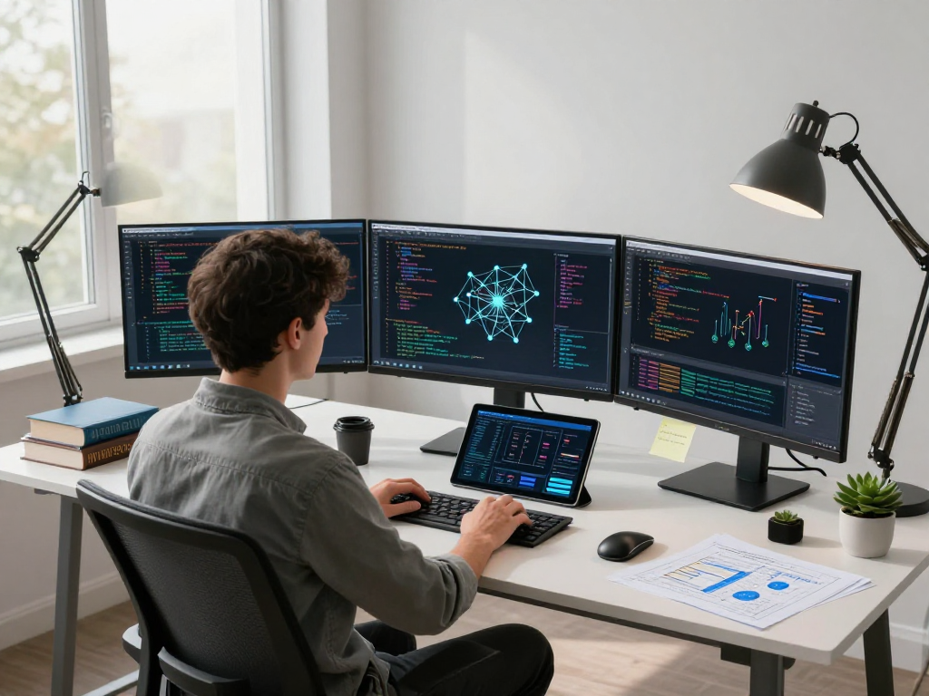Dynamic workspace with nsfw ai development setup featuring multiple monitors and productivity tools.