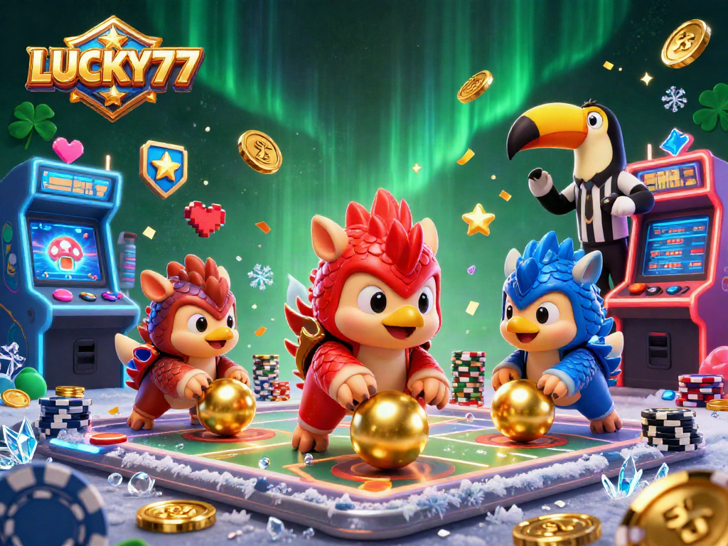 Spin and win with LUCKY77 in a vibrant 3D illustration featuring pangolins amidst casino elements.